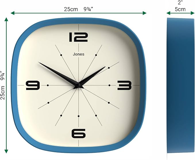 JONES CLOCKS® Pulsar wall Clock | Square Rounded Retro Clock | 10 inch | Blue |