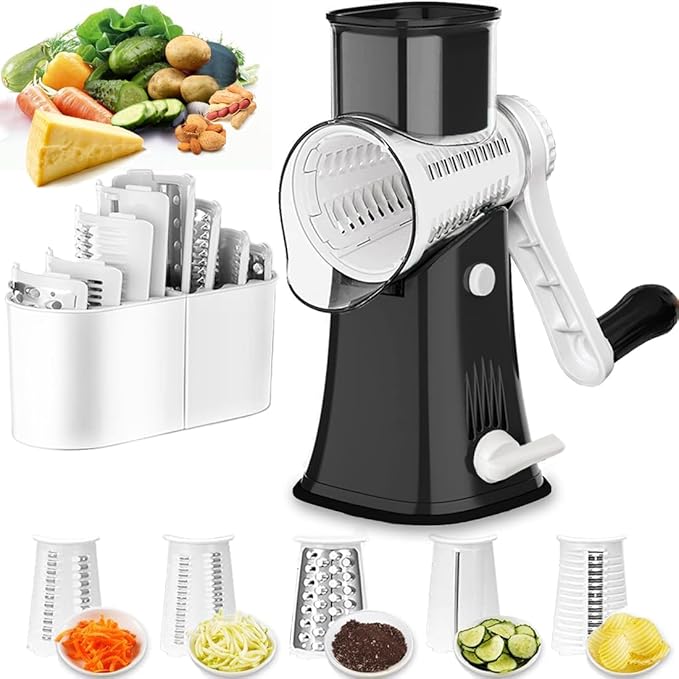 Rotary Cheese Grater Shredder 5-in-1 Tumbling Box Mandoline Vegetable Julienne Slicer Waffle Cutter Nut Chopper, Black
