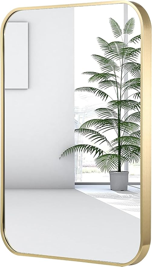 20x28 Inch Gold Bathroom Mirror, Brushed Brass Gold Metal Framed Rectangular