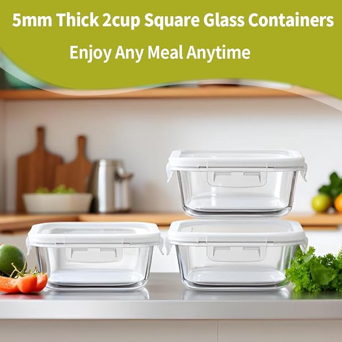 2 Cup Square Glass Food Storage Containers, Small Square Storage Containers With Airtight Lids Leak-proof, BPA free 16oz Glass Meal Prep Bowls, Dishwasher, Microwave, Freezer Safe (White)