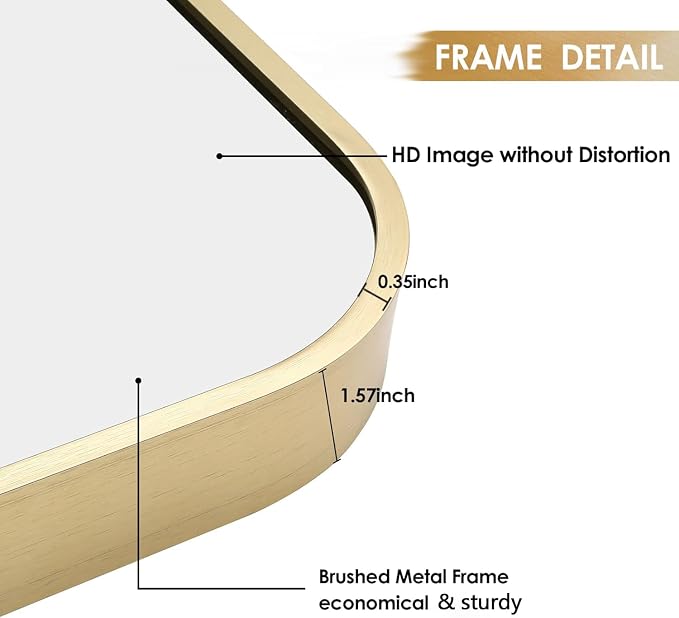 16x24 Inch Gold Bathroom Mirror, Brushed Brass Gold Metal Framed Rectangular