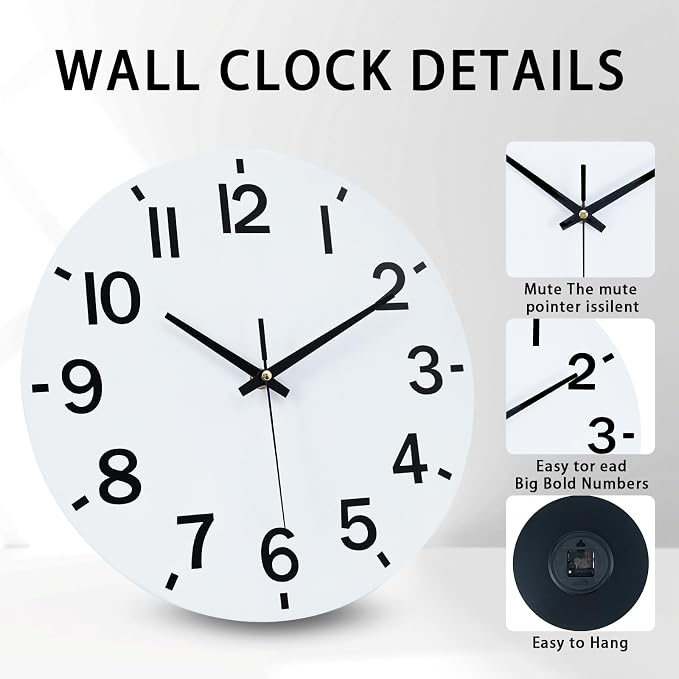 HZDHCLH Wall Clock 10 Inch Silent Non Ticking Wood Battery Operated White