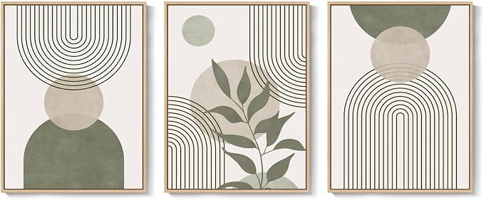 Framed Sage Green Boho Wall Art Bedroom, 3 Piece Beige Bohemian Canvas