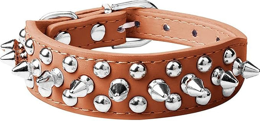 Spiked Dog Collar Soft Pu Leather Mushrooms Rivet Spike Studded Puppy Adjustable Pet Collars for Small Breeds (S, Brown)
