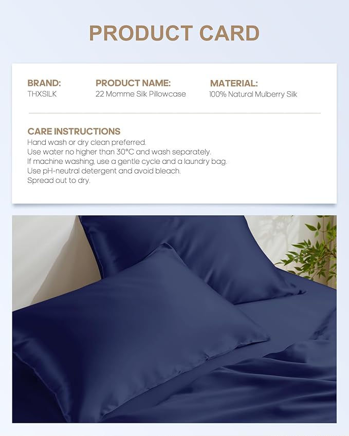 THXSILK Set of 2 100% Mulberry Silk Pillowcase for Hair and Skin, Grade 6A+ Mulberry Silk Pillow Cases 22 Momme, Hypoallergenic Pillow Case Cover with Zipper (California King 20"x40", Navy Blue)