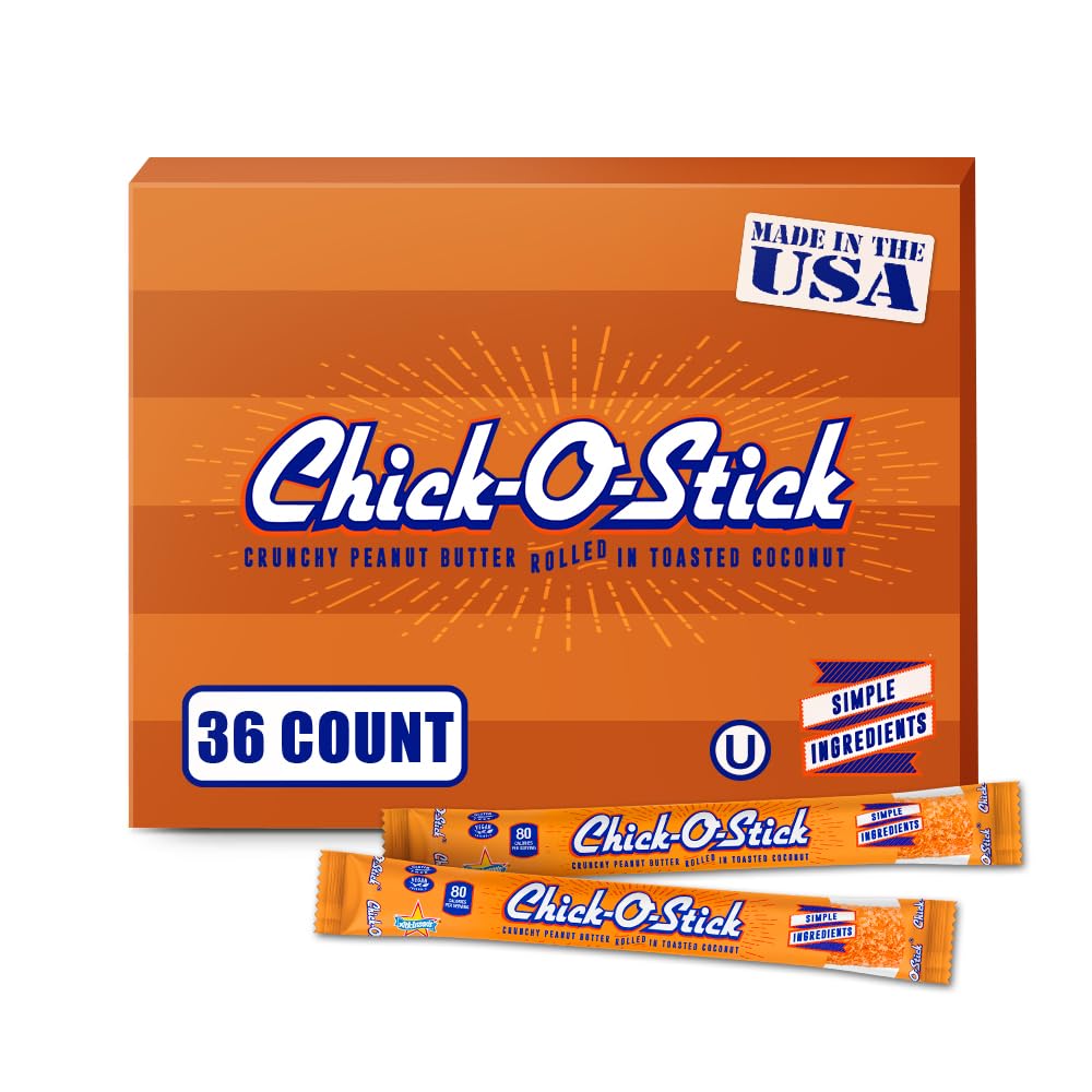 Atkinson's Chick-O-Stick - Crunchy Peanut Butter Rolled in Toasted Coconut - Gluten Free, Kosher, Vegan, No Artificial Ingredients - 0.7 oz. Candy Bar - 8 Count