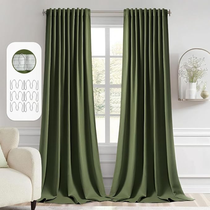MIULEE Olive Green Back Tab Blackout Curtains 108 Inch Long 2 Panels Set