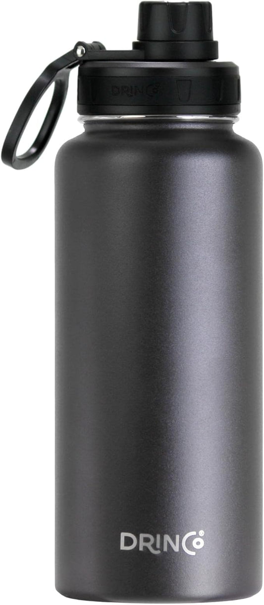 DRINCO Stainless Steel Water Bottle Spout Lid Vacuum Insulated Double Wall Water Bottle Wide Mouth (40oz 32oz 22oz 18oz 14oz) Leak Proof Keep Cold Sport Camping Hiking (32 oz, 32oz Black)