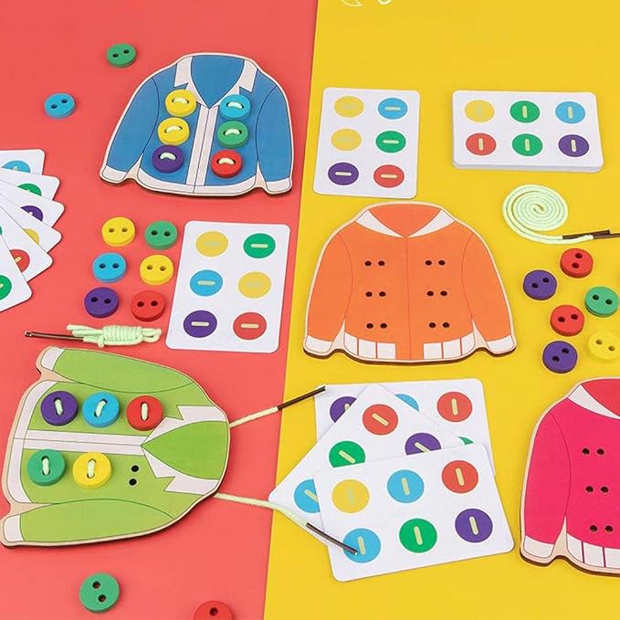 kowaku Wooden Clothes Board Toys Threading Lacing Sewing Toys, Early Educational Teaching Aids for Children Kids