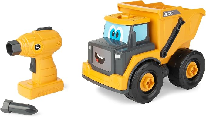 Build-A-Buddy John Deere Dump Truck Toy - Buildable Dump Truck Take Apart Toys with Toy Drill - AA Batteries Included - STEM Building Toys - Yellow - Construction Toys for Kids Ages 18 Months and Up