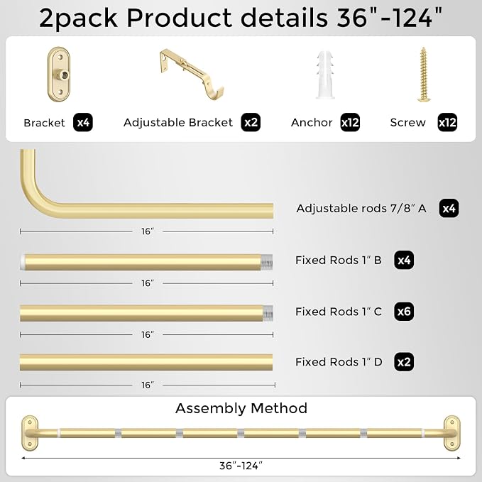 2 Pack Curtain Rods 36-120 Inch, Living Room, Sliding Door