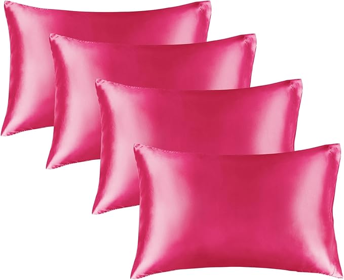 BEDELITE Satin Pillowcase for Hair and Skin, Super Soft Similar to Silk Pillow Cases 4 Pack with Envelope Closure, Cooling Pillowcases for Women Men (20"x30" Queen Size, Hot Pink)