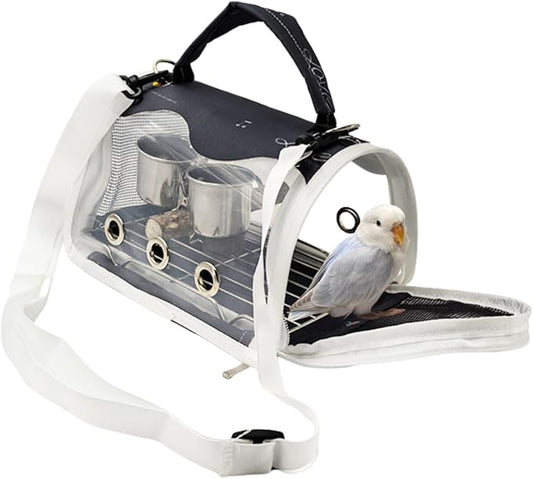 Bird Carrier Bag Bird Travel Cage with Indestructible Stainless Steel Mesh, Feeder Cups and Stand Perch, Portable Bird Travel Bag, Pet Transparent Breathable Travel Cage (Black,Small)