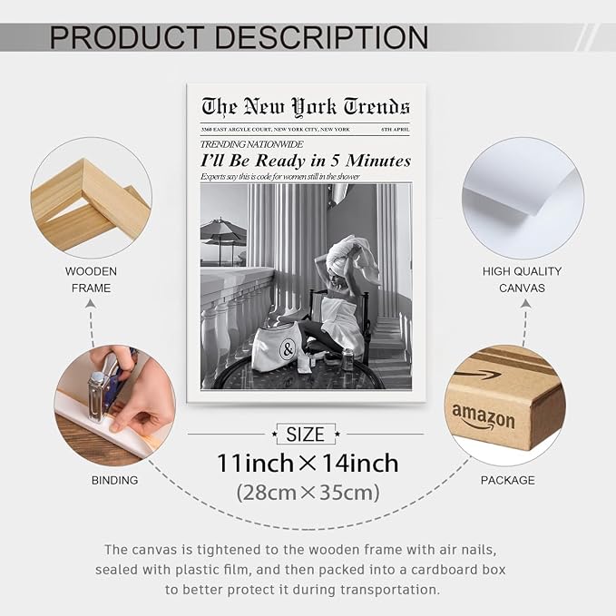 Vintage Newspaper Framed Wall Art Trendy Black and White Aesthetic Posters