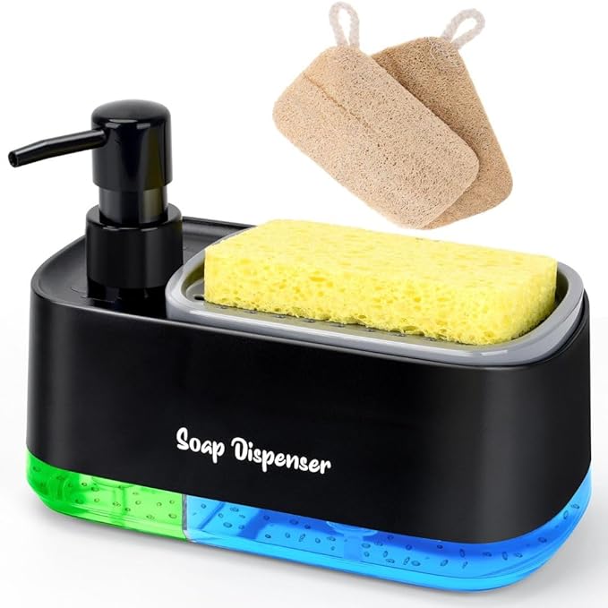 5-in-1 Kitchen Soap Dispenser Set with Sponge Holder - Dual Hand & Dish Soap Pump Dispenser for Sink Countertop with 2-Packs Natural Loofah Dish Sponge Dishwashing Scrubber,Black