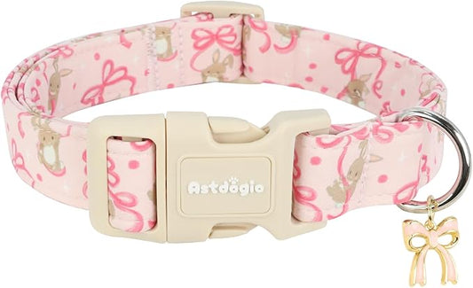 Easter Dog Collar, Spring Pink Dog Collar with Pink Bow & Rabbit, Adjustable Cotton Puppy Collars Girl Boy Collar for Small Medium Large Dogs -L