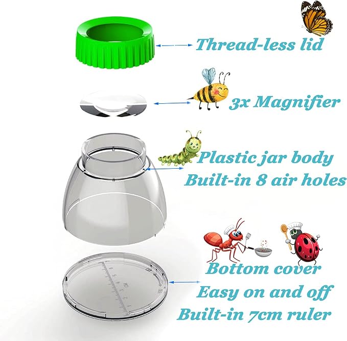 Bug Viewer for Kids 5X Magnifying Insect Observation Kit Built-in 7cm Ruler with 2 Slant Tweezers Bug Viewer Catcher Cage for Kids Science Nature Exploration (2 Pack Green), LX-4LS