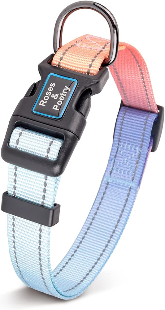 Roses&Poetry Reflective Dog Collar with Gradient Azure, Adjustable Durable Pet Collars for Small Medium Large Dogs (Azure-M)