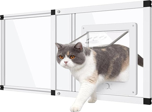 Sliding Cat Door for Window, Fits 32"-37" Width Window, 2-Min Install | Aluminum Frame + HD Glass | Weatherproof Design | Magnetic Closure Window Cat Door Insert, Adjustable Pet Door Window for Cats