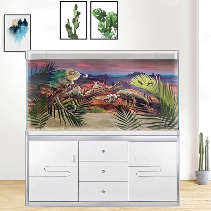 48X24IN Desert Loess Rock Cactus Oasis Reptile Habitat Background, Natural Sunset Desert Themed Terrarium Background, Aquarium Background with 10 EVA Double-Sided Tape