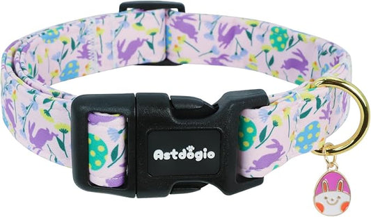 Easter Dog Collar, Spring Easter Egg Print Dog Collar with Purple Rabbit, Adjustable Cotton Puppy Collars Girl Boy Collar for Small Medium Large Dogs -XS