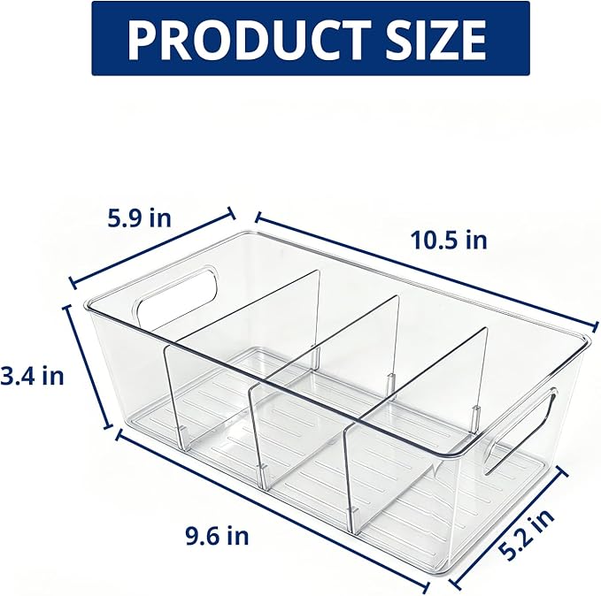 8 Pack Pantry Organizers and Storage, Food Storage Containers with 3 Removable Divider for Kitchen, Fridge, Cabinet Organization, Clear Plastic Storage Bins for Snacks, Spice Packets, Packets, Pouches