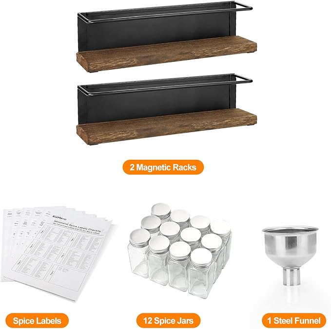 Magnetic Spice Rack Organizer with 12 Jars, 216 Labels, 1 Steel Funnel for Refrigerator，Microwave Oven - Full Set of Seasoning Organizer, Kitchen Gadgets