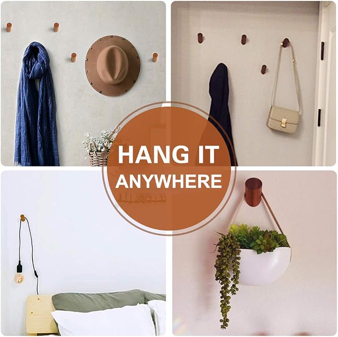 Felidio Wood Wall Hooks, 4 Pack Coat Hooks Wall Mounted, Rustic Wooden Heavy