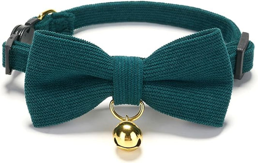Cotton Breakaway Kitten Collar with Bow Tie and Bell Adjustable Cute Soft Corduroy Cat Collars for Small Cats(Dark Green,XS)