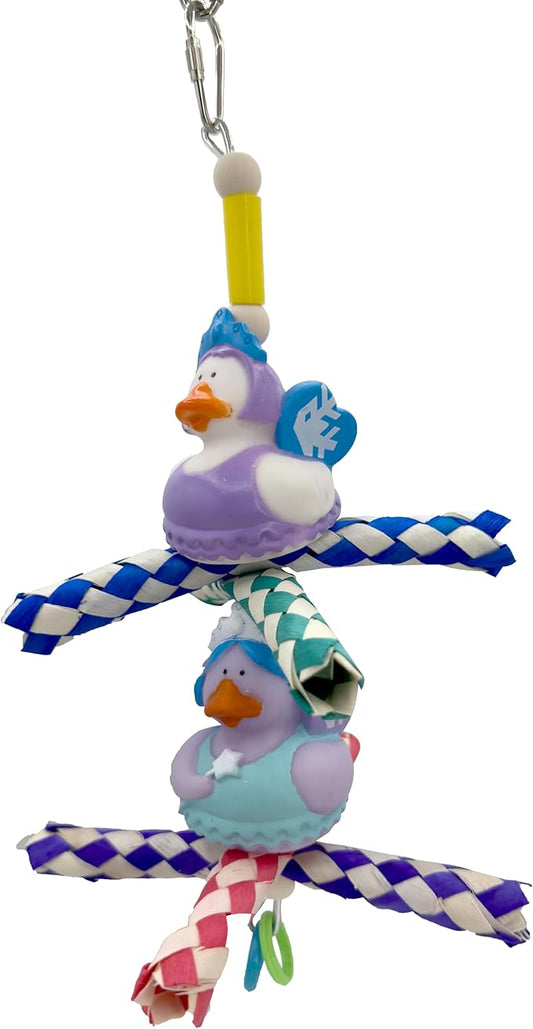 951 Double Duck Trap Bird Toy with Rubber Ducks Bamboo Finger Traps and Plastic Rings – Handcrafted Great for Small to Medium Size Birds