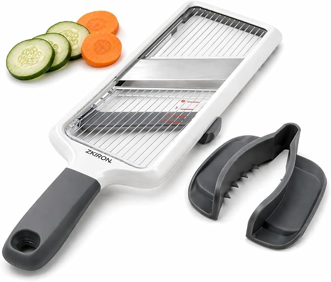 ZKIRON Handheld Mandoline Slicer for Kitchen - Adjustable 3-Thickness (1mm-3mm) Slicer Vegetable Cutter with Safety Hand Guard Potato Onion Tomato & Cucumber Slicer for Salad, Easy to Clean (Gray)