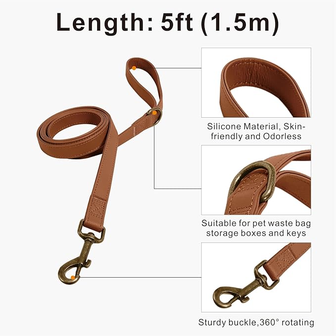 Dog Collar and Leash Set,Leather Silicone Waterproof Odor-Proof Dog Collar and Leash for Medium Dogs, Soft Flexible Dog Collars, Durable Thick Adjustable Pet Collar (Brown, Medium (11.5-18.5" Neck))