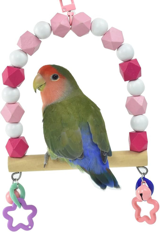 Bird Swing Perch, Birdcage Swing for Small Birds, Parrot Wood Stand Colorful Bead Swing with Bell, Hanging Bird Cage Toy, Parakeet Stand Climbing Toy for Lovebirds Conures Cockatiels Budgies