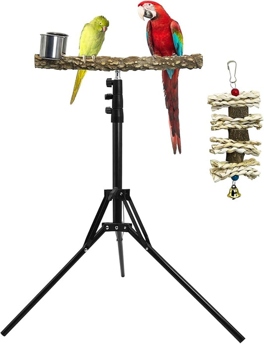 kathson 28-60inches Height Adjustable Bird Perch, Pepperwood Parrot Perch Stand with Feeding Cup, Multi-Purpose Bird Perches for Indoor and Outdoor Use, Designed for Small Medium Birds (3 PCS)
