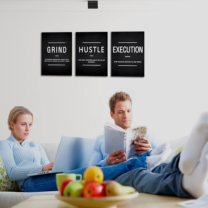 KAWAHONE Grind Hustle Execution Quotes Framed Wall Art, Inspirational Painting