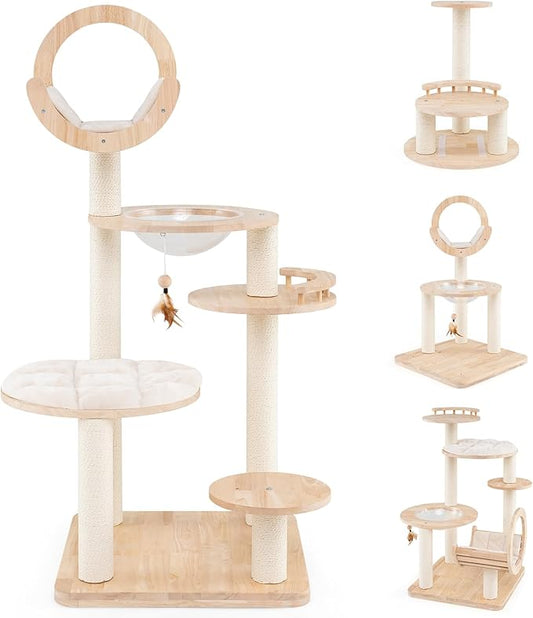 Nightcore 57” Tall Solid Wood Cat Tree for Indoor Cats, Building Block Kitten Tower w/Perch, Scratching Posts, Washable Cushions, 4 Install Options, Multi-Level Cat Activity Center Climbing Furniture