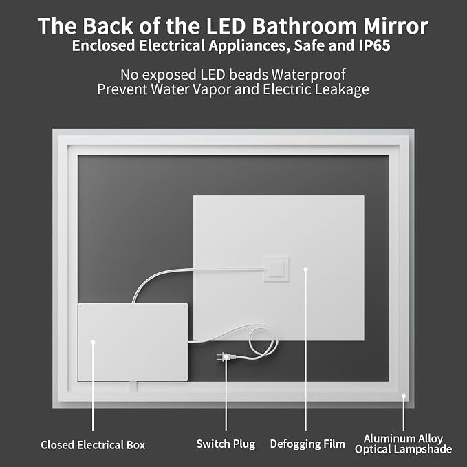 Koonmi 48"x32" LED Mirror for Bathroom, 90CRI Anti-Fog Vanity Mirror