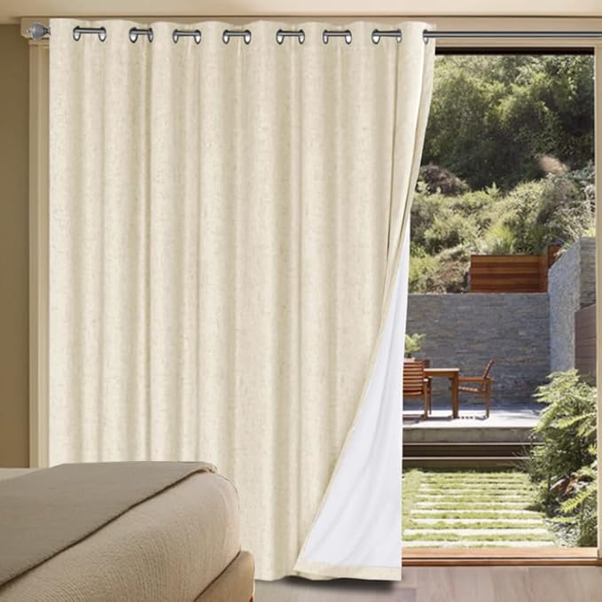 H.VERSAILTEX Linen Blackout Curtains Durable Thick Textured Linen Look 100% Blackout Patio Door Curtain Anti Rust Grommet Extra Wide Sliding Door Curtain Panel, Bleached Sand, W100 x L96 inch