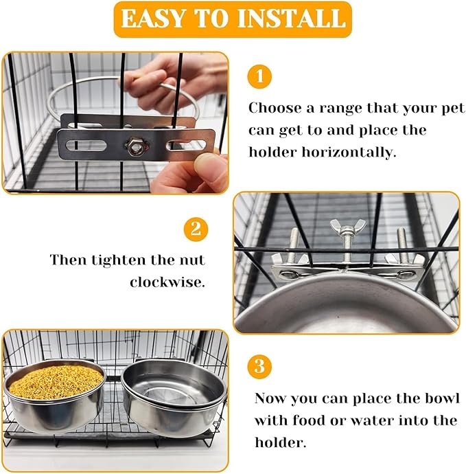 PINVNBY 2pcs Stainless Steel Bird Bowl Water Dish for Parrot, Parakeet, African Greys, Conure, Cockatiels, Lovebird, Budgie, Chinchilla（Three Screws Size: XL）