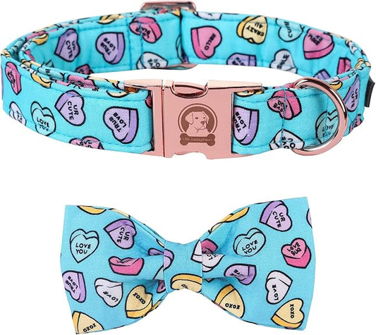 MR. CHUBBYFACE Valentine's Dog Collar with Bowtie, Cute Blue Heart Dog Collar with Metal Buckle, Adjustable Cotton Collar for Small Medium Large Dogs