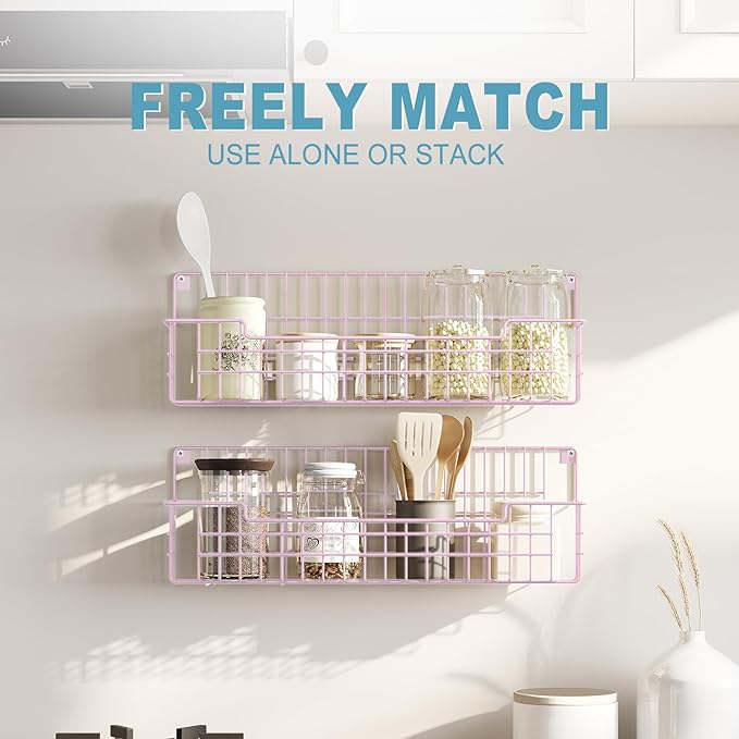 Spice Rack, 4-Pack Seasoning Organizer Wall Mounted for Kitchen Storage Organization, Metal Spice Holder Shelf for Cabinet, Pantry, Pink