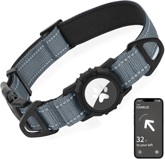 Joytale Airtag Dog Collar, Reflective Pet Collar with Waterproof AirTag Holder, Dual D-Rings, Soft Padded Adjustable for Extra Large Dogs, Gray, XL