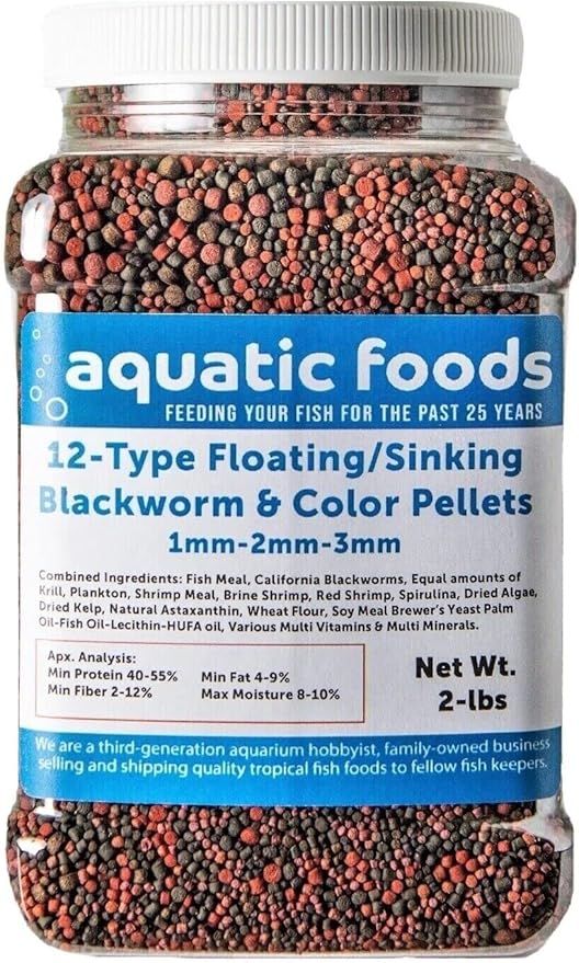 Aquatic Foods Inc. 12-Type Floating & Sinking Blackworm & Intense Coloring 1mm, 2mm, 3mm Pellets for Discus, Cichlids, All Tropicals, Koi and Pond Fish...2-lb Med Jar
