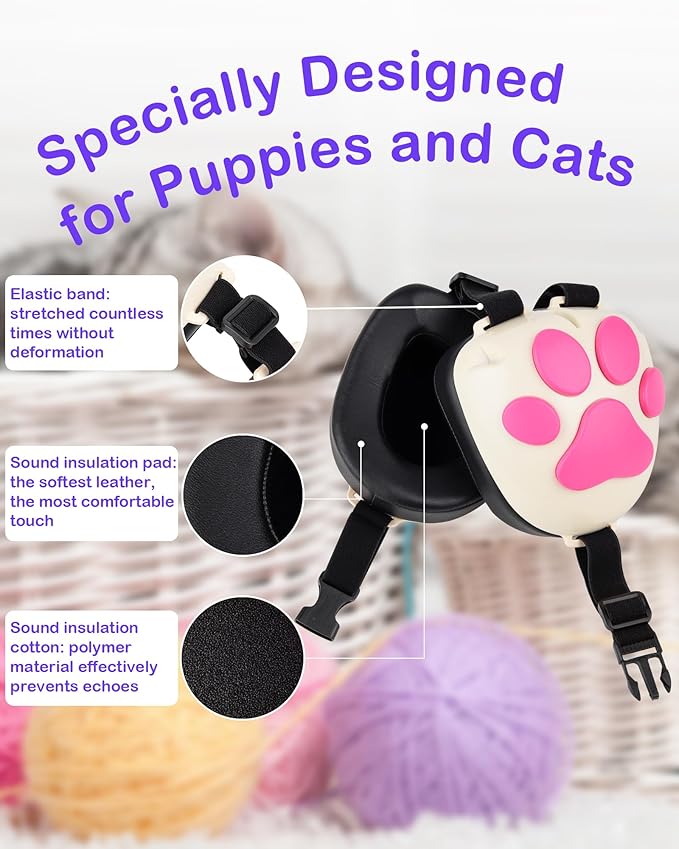 Calming Earmuffs for Cats and Small Dogs - for Anxiety Relief - Noise Canceling for Fireworks, Thunderstorms, Pet Grooming & Force Drying - Dog Ear Muffs Noise Protection (White, Small)