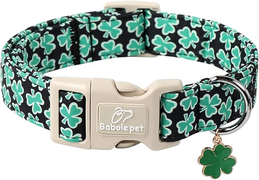 St Patricks Day Dog Collar for Small Dogs - Green Lucky Shamrock Boy Dog Collars, Irish Clover Pattern Black Male Puppy Collar with Quick Release Buckle XS