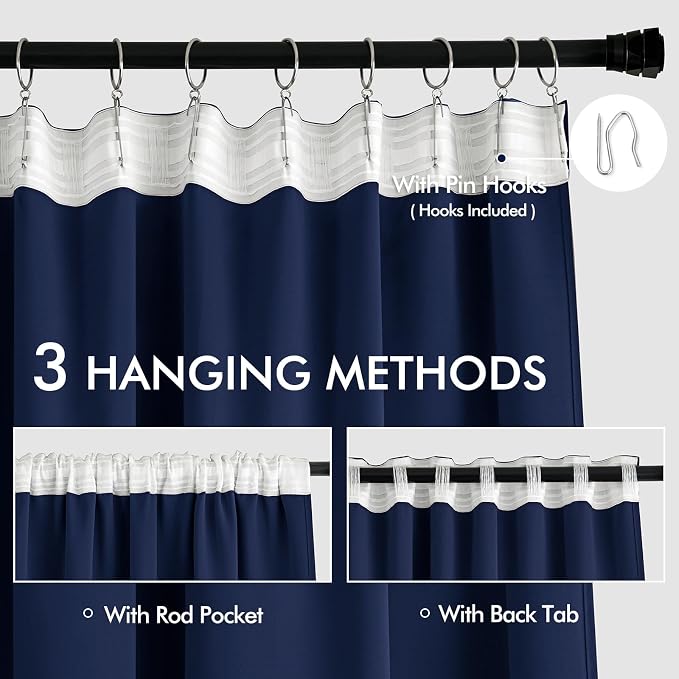 MIULEE Navy Blue Back Tab Blackout Curtains 72 Inches Long 2 Panels Set