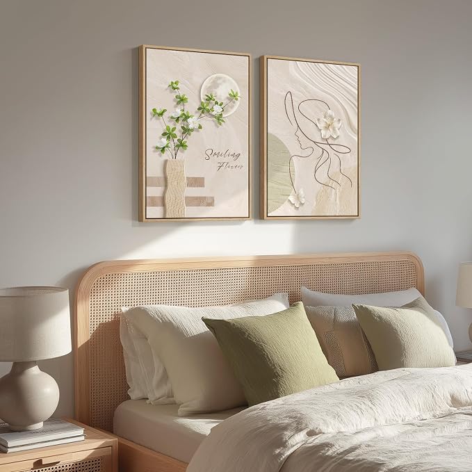 Framed Neutral Boho Wall Art for Bedroom, Mid Century Modern Bohemian Canvas