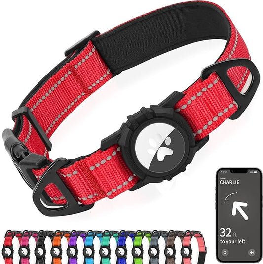 Joytale Airtag Dog Collar, Reflective Pet Collar with Waterproof AirTag Holder, Dual D-Rings, Soft Padded Adjustable for Large Dogs, Red, L