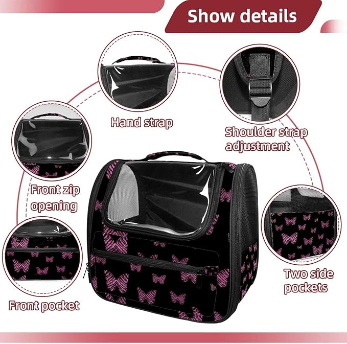 Butterfly on Black Background Pet Carrier Airline Approved Soft Sided Portable Cozy Travel Pet Bag, Car Seat Safe Carrier for Cats and Dogs