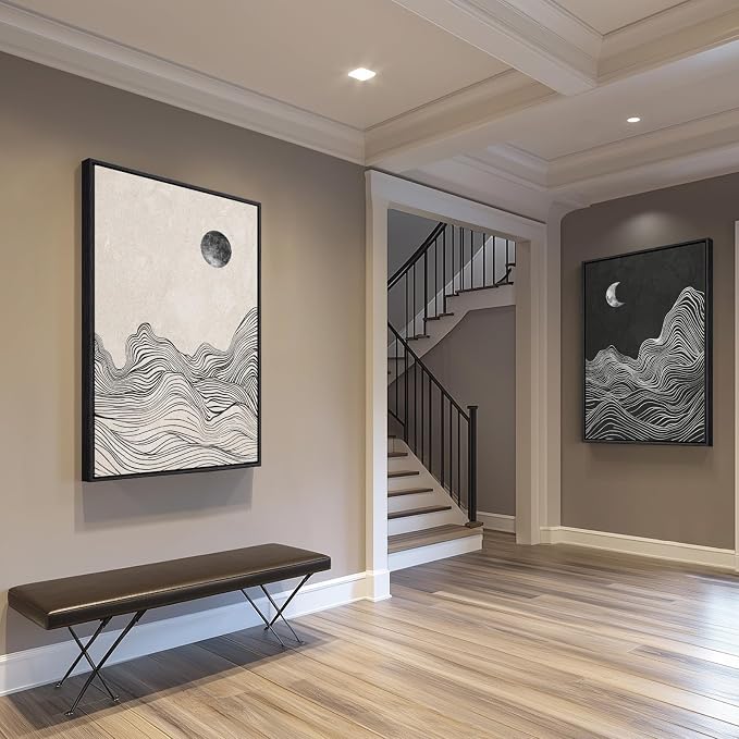Large Framed Black and White Abstract Wall Art, Abstract Mountain and Moon
